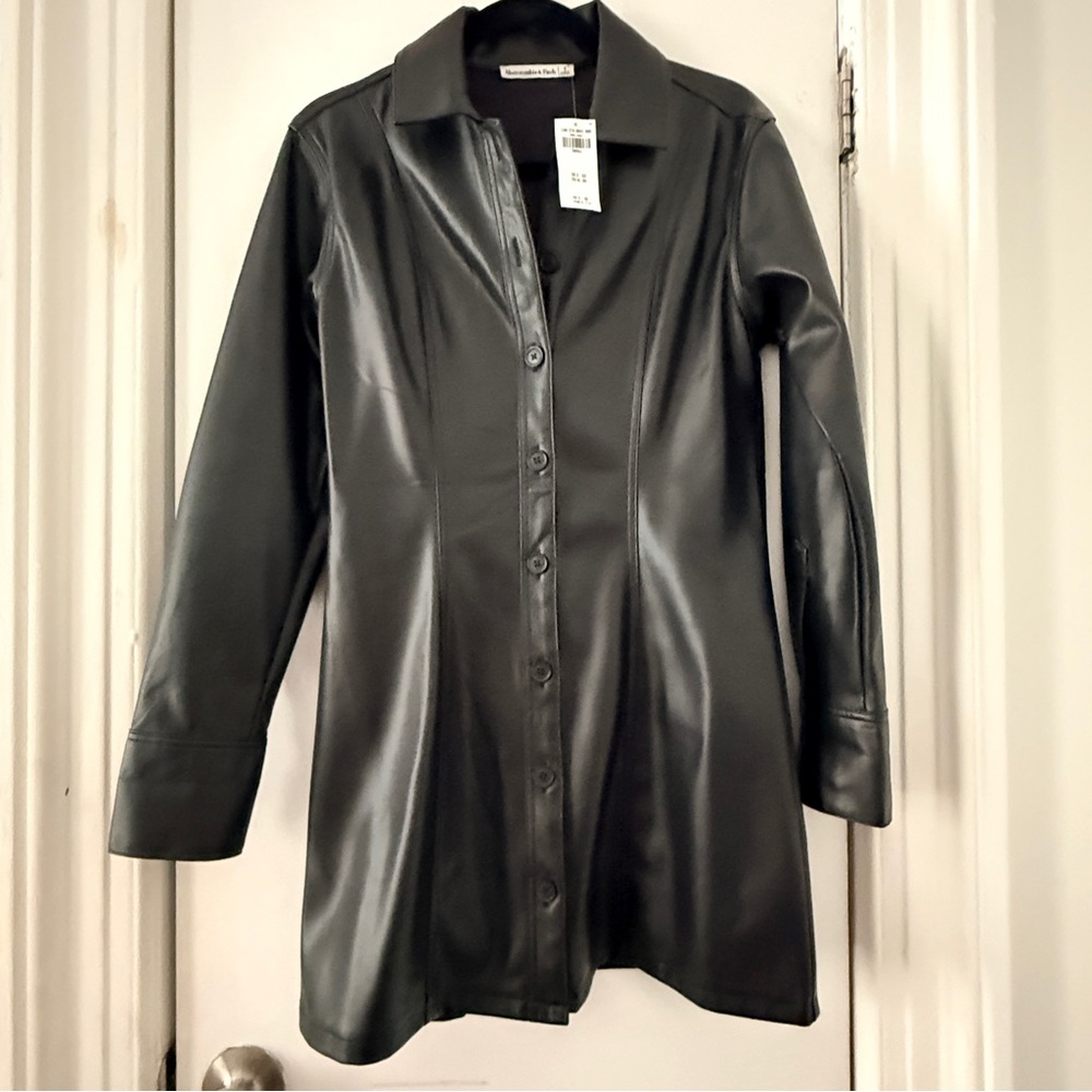 Abercrombie Faux Leather Black Button-Front Mini Shirt Dress, NWT